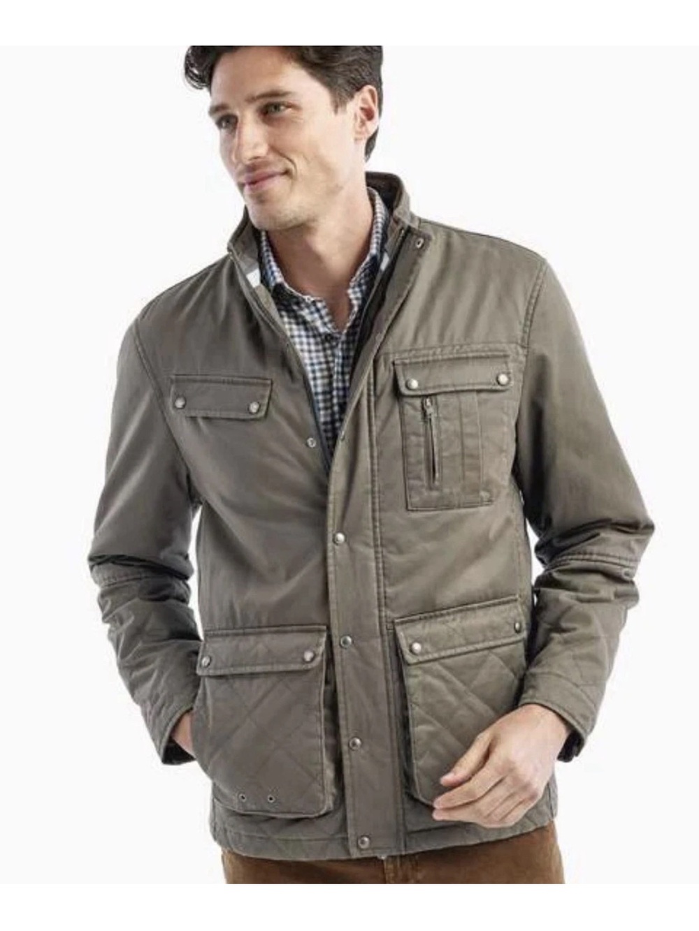 Johnnie-O Norton Quilted Snap Jacket Mens Medium Olive Green Utility Field Coat